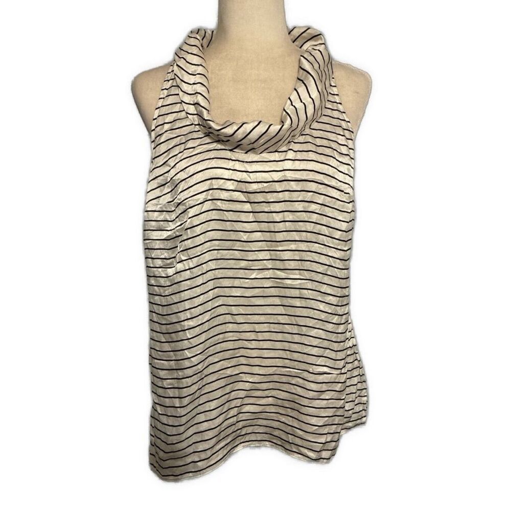 white house black market Black White Striped 100% Silk Cowl Neck Tank Top Large
